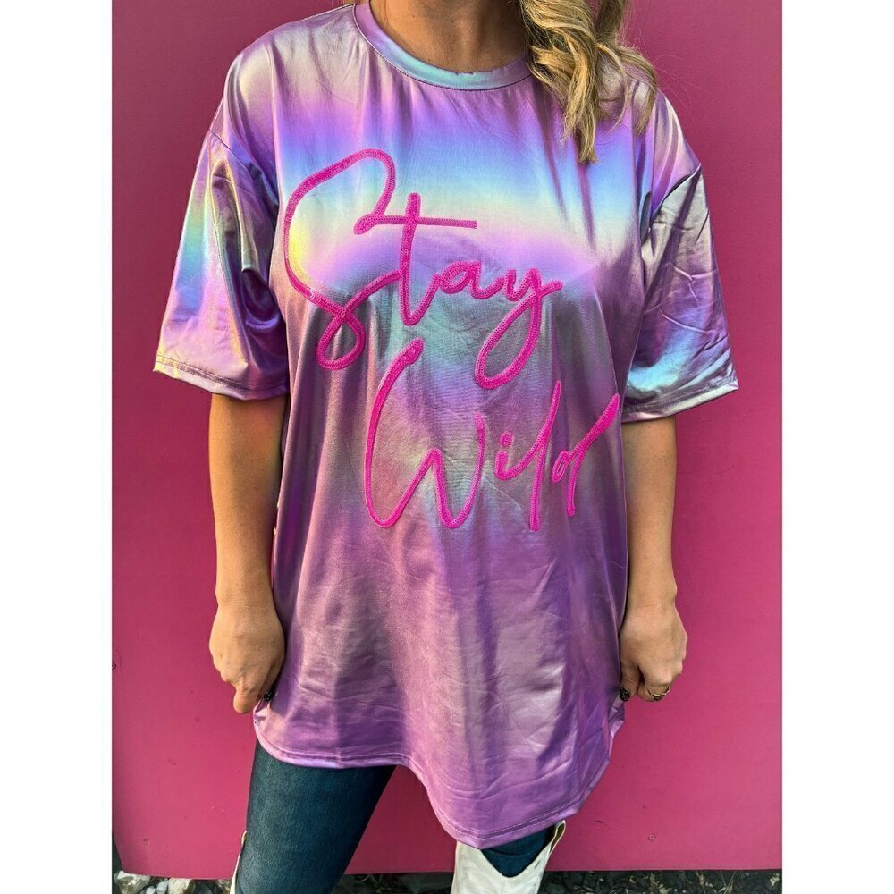 Stay Wild Iridescent Graphic Tee in Lavender - Picture 6 of 7